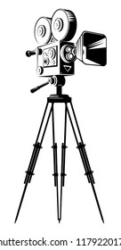 Black retro movie camera on a tripod. Flat vector cartoon illustration isolated on a white background.