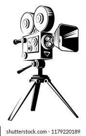 Black retro movie camera on a tripod. Flat vector cartoon illustration isolated on a white background.