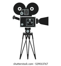 Black retro movie camera on a tripod. Flat vector cartoon illustration. Objects isolated on a white background.