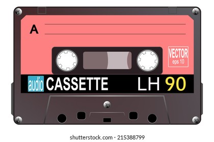 Black retro musiccasette with pink label - side a, old magnetic blank cassette tape for music, vector art image illustration, isolated on white background, eps10 