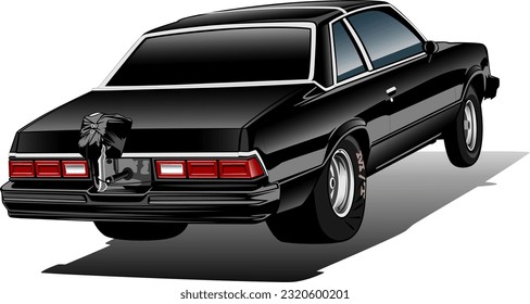 black retro oldschool classic vintage drag race sports american muscle car back side wheelie vector illustration