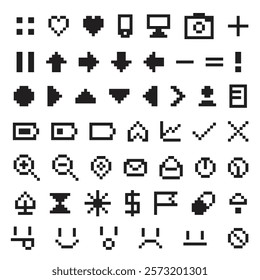 Black retro pixel icons on white background. Retro icons set in pixel art. Design elements for collage. Y2k. Vector illustration. 