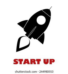 Black Retro Rocket Ship Concept.Vector Illustration Isolated On White With Text