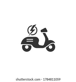 Black retro scooter or motorbike with lightning bolt icon. Flat scooter isolated on white. Vector charge illustration. Eco transport symbol. Healthy journey. Ecology.  Hipster. 