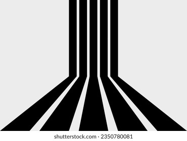Black retro stripes in a perspective. Vintage lines background. Sixties and seventies style graphic design. Vertical Parallel stripes form 3D effect. Wall and floor. Copy space. Vector illustration. 