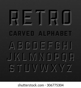 Black retro style carved alphabet. Vector.