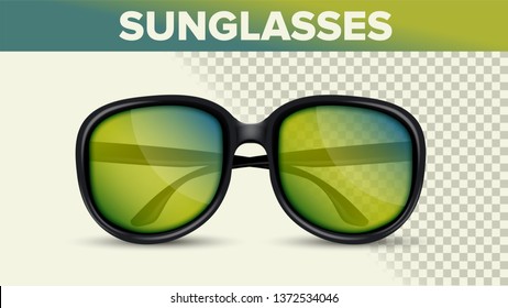 Black Retro Sunglasses, Trendy Vector 3D Shades. Sunglasses With Green Lens Isolated Clipart. Fashionable Eyewear On Transparent Background. Men And Women Accessories Realistic Illustration