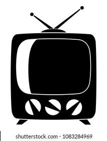 Black retro television silhouette isolated on white background. Media theme vector illustration for icon, sticker sign, patch, certificate badge, gift card, stamp, label, poster, web banner, flayer