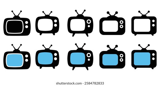 black retro tv icons set. Retro old television vector on white background