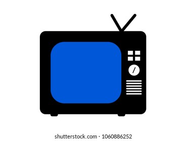 Black retro tv vector drawing. Flat style vector. Television icon, symbol with blue screen isolated on white background, surface.