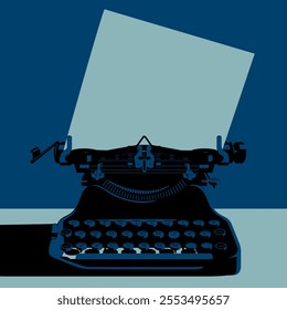 A black retro typewriter with backlight and a flat sheet of paper on a dark blue background. Vector illustration