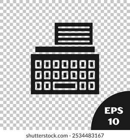 Black Retro typewriter and paper sheet icon isolated on transparent background.  Vector Illustration