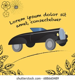 Black retro vintage car with place for text over yellow. Vector illustration