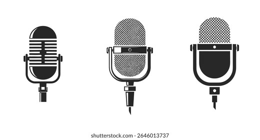 Black Retro Vintage Microphone Logo - Silhueta de estilo plano para música, Podcast, Estúdio de gravação

