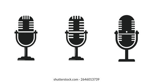 Black Retro Vintage Microphone Logo - Silhueta de estilo plano para música, Podcast, Estúdio de gravação

