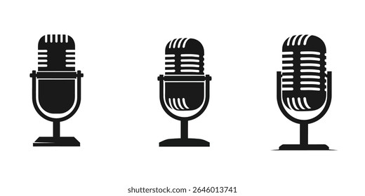 Black Retro Vintage Microphone Logo - Silhueta de estilo plano para música, Podcast, Estúdio de gravação

