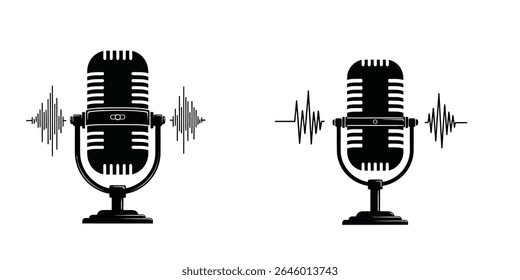 Black Retro Vintage Microphone Logo - Silhueta de estilo plano para música, Podcast, Estúdio de gravação

