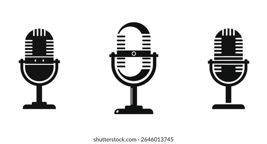 Black Retro Vintage Microphone Logo - Silhueta de estilo plano para música, Podcast, Estúdio de gravação

