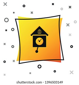 Black Retro wall watch icon isolated on white background. Cuckoo clock sign. Antique pendulum clock. Yellow square button. Vector Illustration