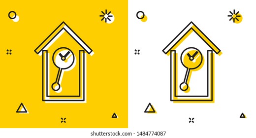 Black Retro wall watch icon isolated on yellow and white background. Cuckoo clock sign. Antique pendulum clock. Random dynamic shapes. Vector Illustration