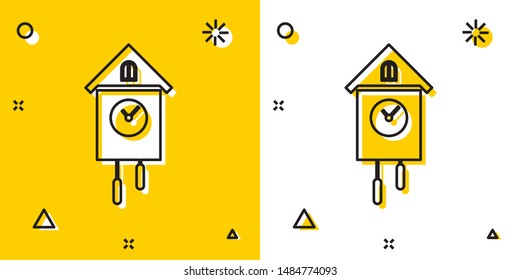 Black Retro wall watch icon isolated on yellow and white background. Cuckoo clock sign. Antique pendulum clock. Random dynamic shapes. Vector Illustration