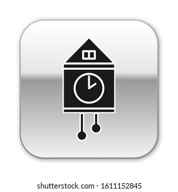 Black Retro wall watch icon isolated on white background. Cuckoo clock sign. Antique pendulum clock. Silver square button. Vector Illustration