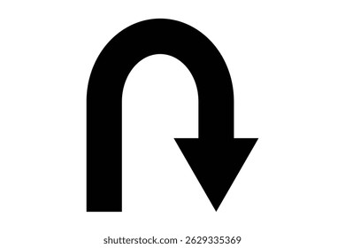 Black return arrow icon, simple go back sign vector u turn shape pointer flat design pictogram vector elements for app ads web banner button UI, UX interface elements. U turn arrow sign vector art. 
