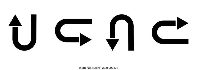 Black return arrow icon, simple go back sign vector u turn shape pointer flat design pictogram vector elements for app ads web banner button UI, UX interface elements. U turn arrow sign vector art. Vector illustration EPS 10 .