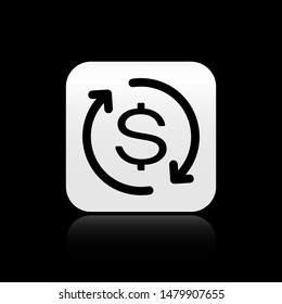 Black Return of investment icon isolated on black background. Money convert icon. Refund sign. Dollar converter concept. square button. Vector Illustration