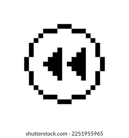 Black rewind button, pixel art design style.