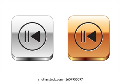 Black Rewind icon isolated on white background. Silver-gold square button. Vector Illustration