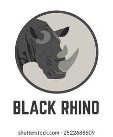 Black rhino icon. Rhinoceros head framed in a circle on a white background. Vector illustration.