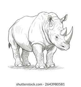 Black Rhinoceros – Diceros bicornis. Majestic rhinoceros sketch portrays a powerful animal figure impressively. Wildlife illustration concept
