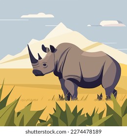 Black rhinoceros in the grasslands. Threatened or endangered species animals. Flat vector illustration concept