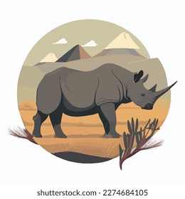 Black rhinoceros in the grasslands. Threatened or endangered species animals. Flat vector illustration concept