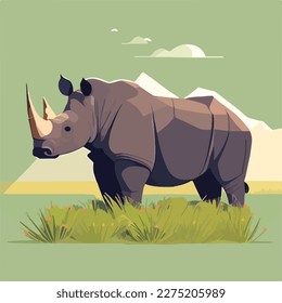 Black rhinoceros in the grasslands. Threatened or endangered species animals. Flat vector illustration concept