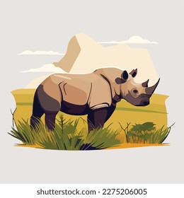 Black rhinoceros in the grasslands. Threatened or endangered species animals. Flat vector illustration concept