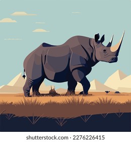 Black rhinoceros in the grasslands. Threatened or endangered species animals. Flat vector illustration concept