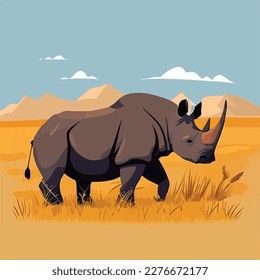 Black rhinoceros in the grasslands. Threatened or endangered species animals. Flat vector illustration concept