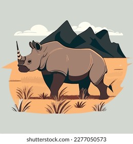 Black rhinoceros in the grasslands. Threatened or endangered species animals. Flat vector illustration concept