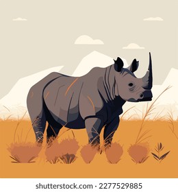 Black rhinoceros in the grasslands. Threatened or endangered species animals. Flat vector illustration concept