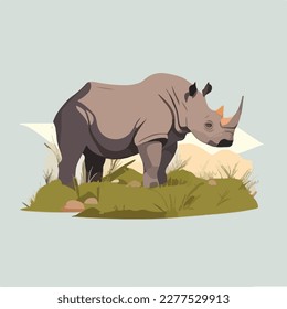 Black rhinoceros in the grasslands. Threatened or endangered species animals. Flat vector illustration concept