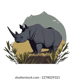 Black rhinoceros in the grasslands. Threatened or endangered species animals. Flat vector illustration concept