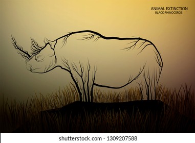 black rhinoceros look like tree branches on the white background, spirit of extinct animal, extinct animal of Africa, vector