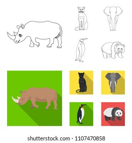 Black rhinoceros, panther wild cat, African animal elephant, imperial penguin. Wild animals set collection icons in outline,flat style vector symbol stock illustration web.