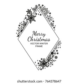Black rhombus snowflake frame, decoration on white background, Christmas design for invitation, greeting card or postcard. Vector illustration, merry xmas snow flake framework