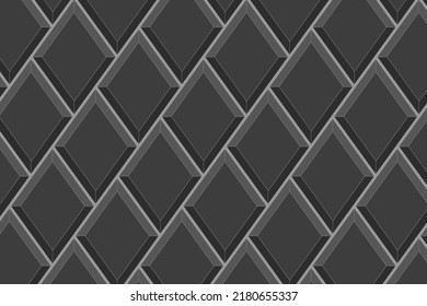 Black rhombus tile in diagonal arrangement. Ceramic or brick wall seamless pattern. Diamond mosaic background. Interior or exterior decoration texture. Vector flat illustration