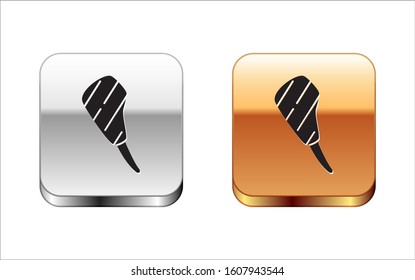 Black Rib eye steak icon isolated on white background. Steak tomahawk. Piece of meat. Silver-gold square button. Vector Illustration