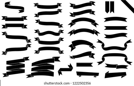 Black Ribbon Banner Icon Set On White Background, Vector Draw