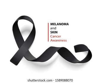 Black Ribbon Banner For Melanoma And Skin Cancer Awareness Campaign Isolated On White Background - Realistic Dark Satin Band In Curled Loop Shape - Vector Illustration